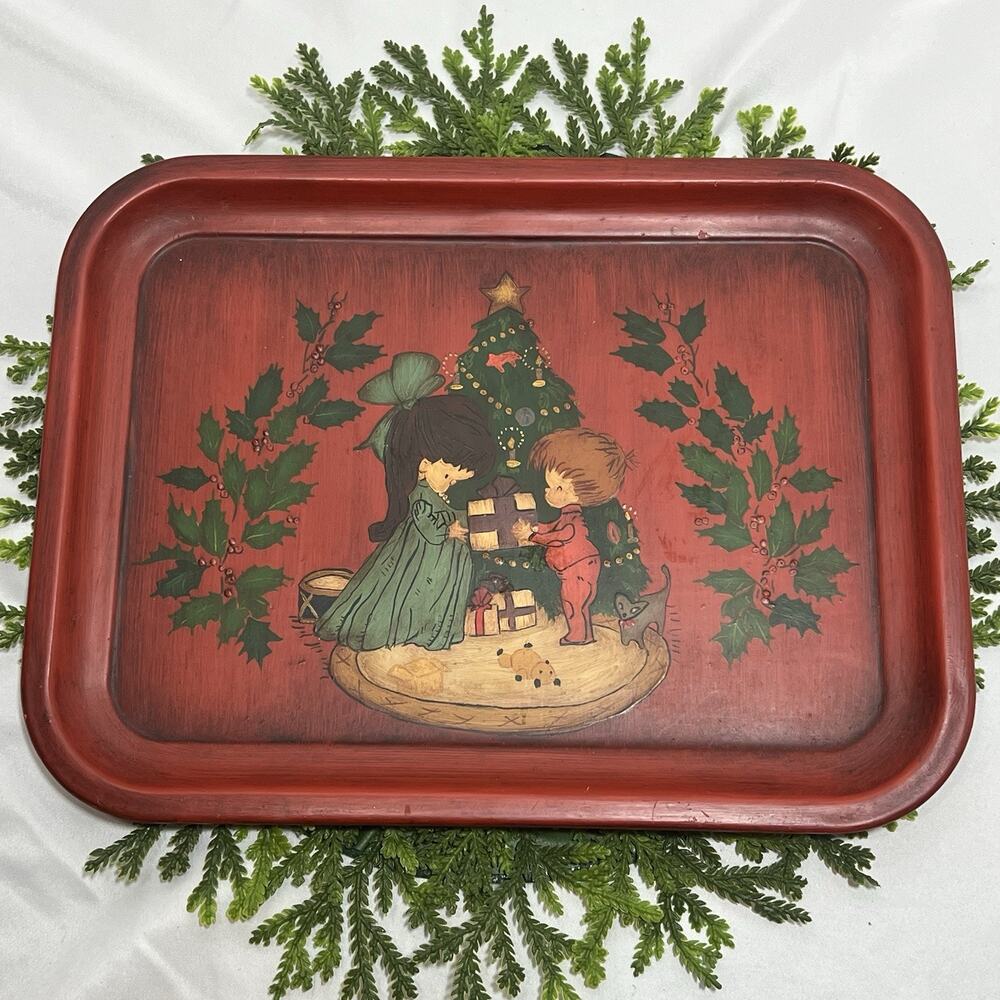 Vintage Hand Painted Tole Christmas Metal Tray Folk Art Children Tree 13.75”